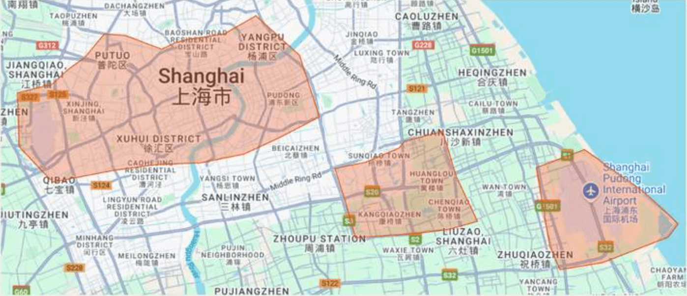 Map of CarryFree same-day luggage delivery areas in Shanghai